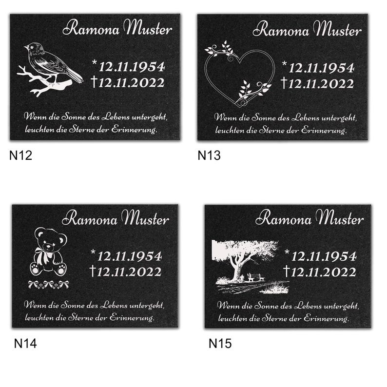 May include: Four black granite memorial plaques with white text. Each plaque features a different design: a bird on a branch, a heart with vines, a teddy bear, and a tree with a bench. The text on each plaque reads "Ramona Muster", "*12.11.1954", "&dagger;12.11.2022", and "Wenn die Sonne des Lebens untergeht, leuchten die Sterne der Erinnerung."