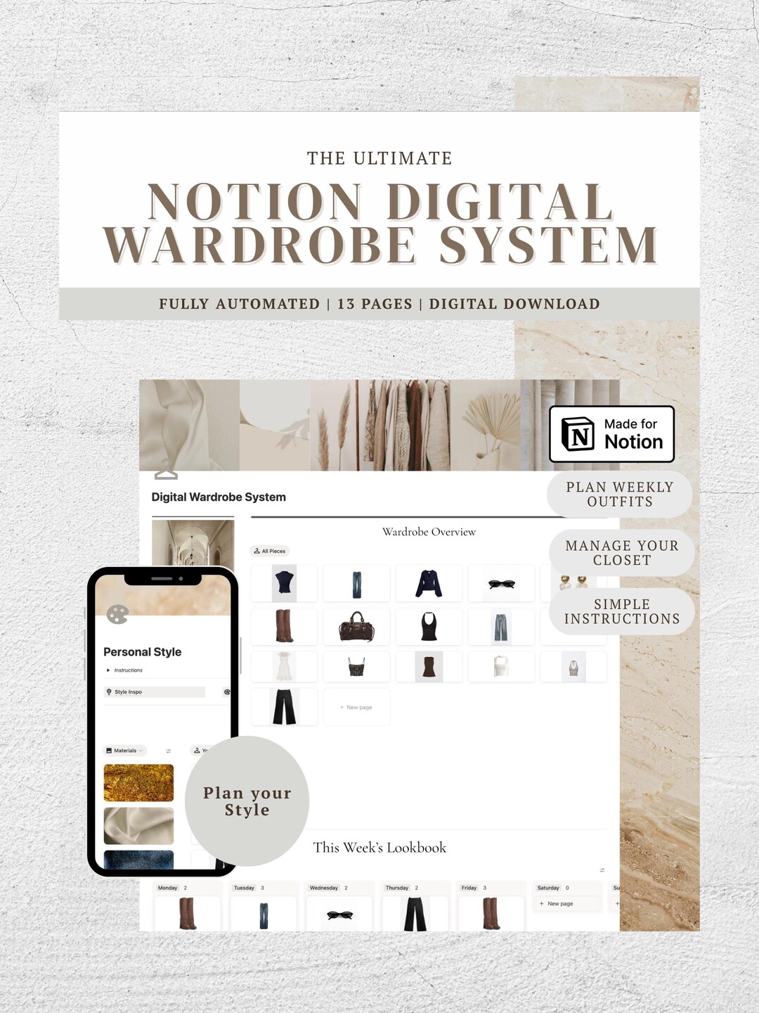 Notion Wardrobe Organiser Template | Closet Fashion Outfit Planner ...