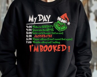 Bah Humbug Holiday Schedule Sweatshirt | Funny Embroidered Christmas Crewneck | Grumpy Ugly Sweater or Holiday Gift