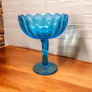 Vintage Blue Indiana Glass Pedestal Candy Dish Tulip Shaped