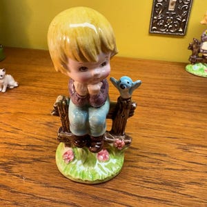 Vintage Napcoware Ceramic Boy with Bluebird Figurine - Japan Decor