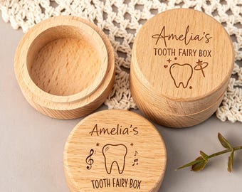 Engraved Name Custom Wooden Infant Tooth Keepsake Case, Tooth Fairy Holder for Cute Little Girls, Newborn Baby Shower & Christening Present