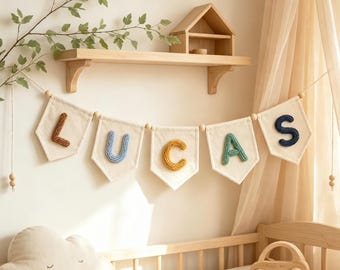 Custom Baby Name Canvas Banner, Personalized Yarn Letters Kids Room Garland, Nursery Wall Decor, Kids Room Garland, Neutral Baby Shower Gift
