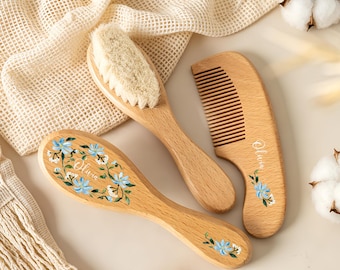 Personalized Wooden Baby Hairbrush Comb Set, Custom Newborn Keepsake, Unique Nursery Memorial Present for Infant Toddler Little Ones Gifts