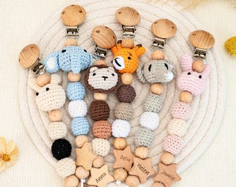Personalized Pacifier Clip with Crochet Animal, Baby Pacifier Holder, Babyboy Babygirl Dummy Clip, Soother Clip, Baby Shower Newborn Gift