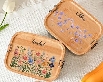 Personalised Flowers Lunch Box with Wooden Lid, Custom Name Stainless Steel Lunch Box for Children, Girl Birthday Gift, Back to School Gift
