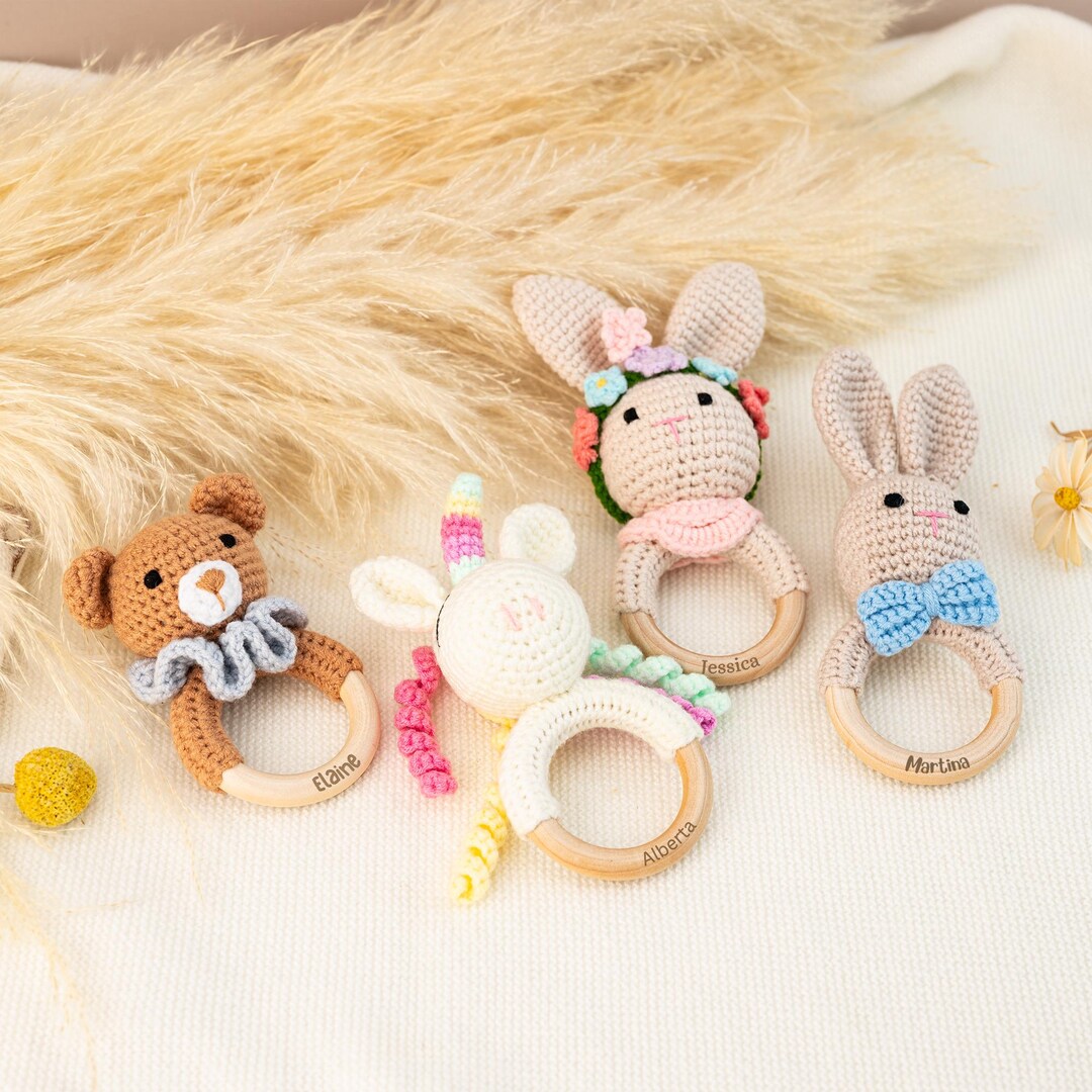 Cute Rattles Personalized Animal Crochet Rattle,custom Wooden Baby Rattle,engraved ...