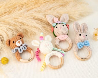 Sonaglio Per Neonati A Uncinetto Con Anello In Legno – Coniglio, Regalo Per Baby Shower E Nascita