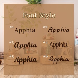 May include: Six different font styles for the name "Apphia" displayed on wooden music boxes. The font styles are numbered 1 through 6.