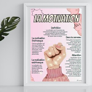 May include: A pink and white illustrated poster with the French words "La Motivation" in a bold black font. The poster explains the definition of motivation, intrinsic motivation, extrinsic motivation, and the role of dopamine in the brain.