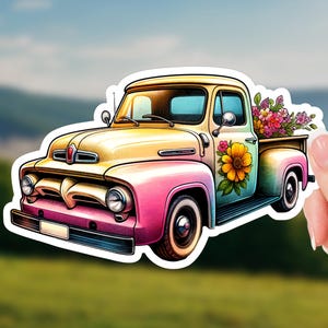 Floral Retro Pickup Truck Sticker – Vintage Flower Truck Decal for Laptops, Water Bottles & Journals