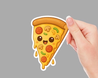 May include: A cute pizza slice sticker with a smiling face, pepperoni, mushrooms, and green peppers. The pizza has melted cheese dripping down the side. The sticker is held against a gray background.