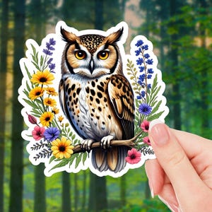 Owl with Wildflowers Sticker | Nature Animal Decal | Boho Floral Art