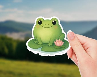 Cute Frog Sticker on Lily Pad • Kawaii Frog Vinyl Sticker • Cottagecore Pond Frog • Cute Animal Water Lily Sticker • Frog Aesthetic Decal