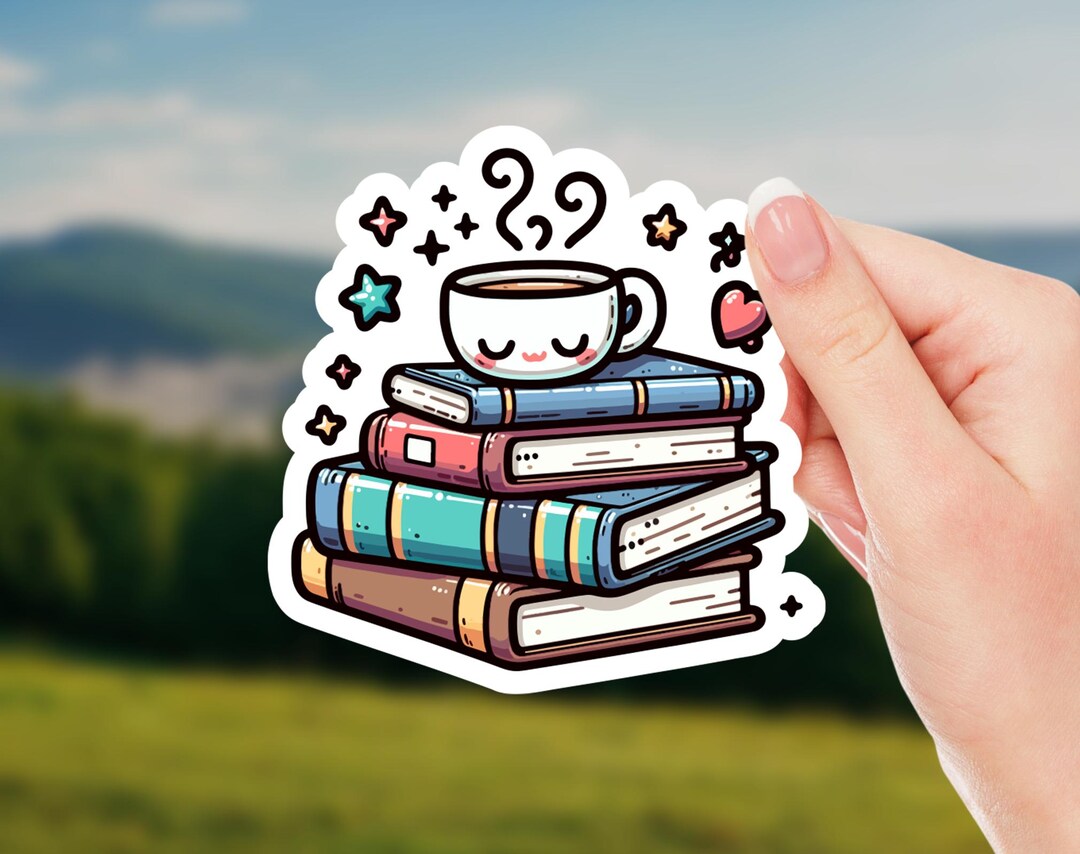 Cozy Book Stack and Coffee Sticker – Kawaii Book Lover Gift – Cute Tea ...