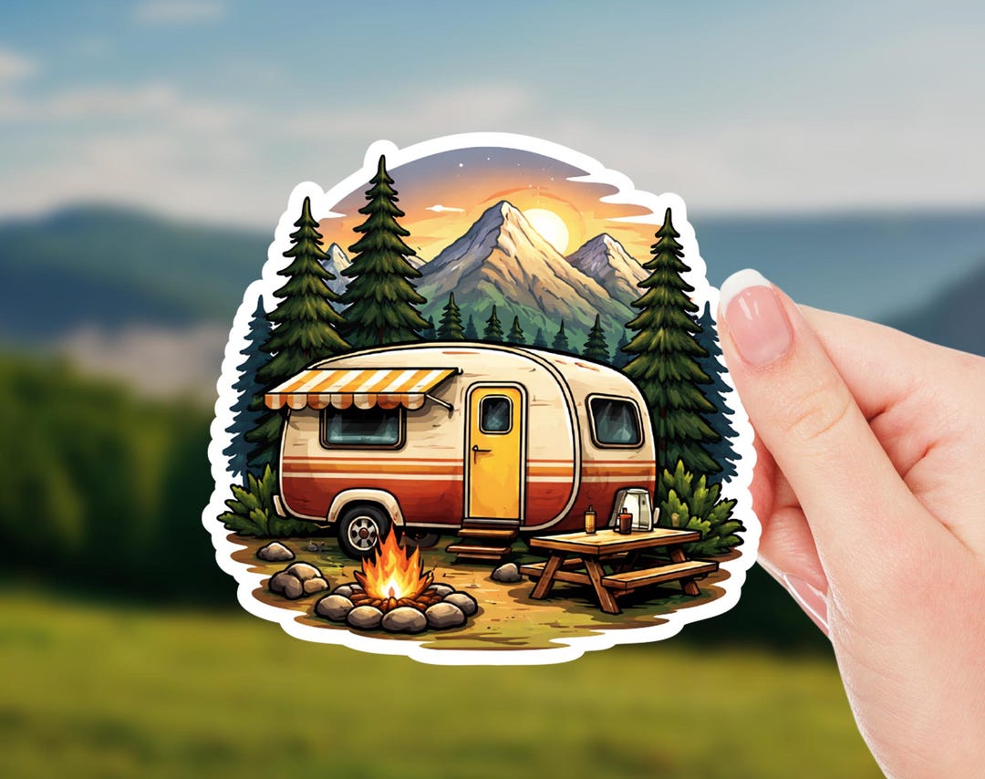 Camping Trailer Sticker, Retro Camper Decal, Mountain Camping Vinyl ...
