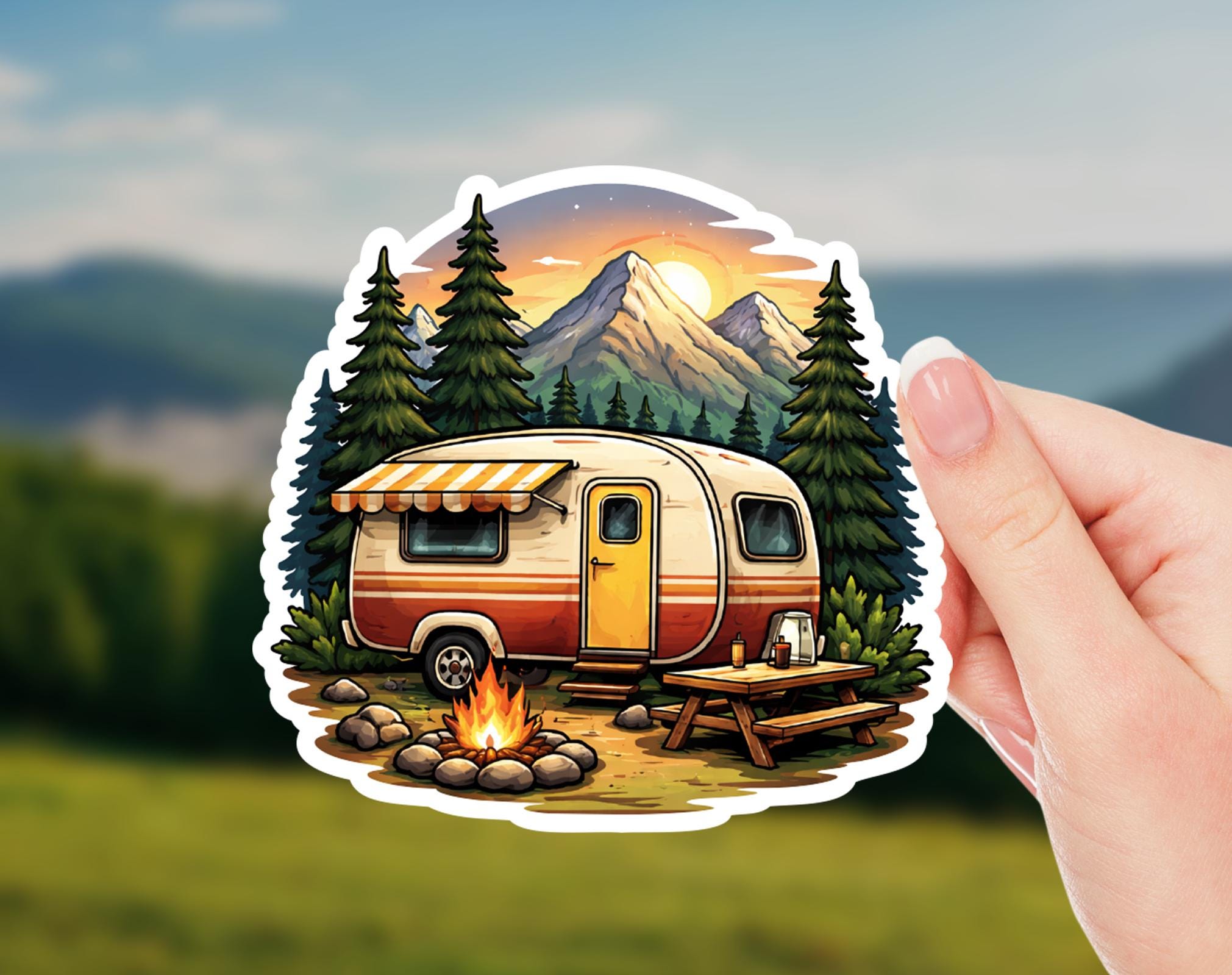Camping Trailer Sticker, Retro Camper Decal, Mountain Camping Vinyl ...