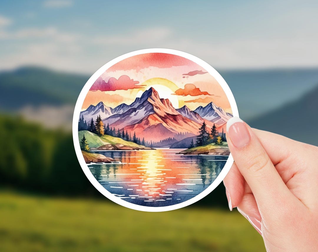 Mountain Lake Sunset Sticker | Scenic Nature Decal | Serene Outdoor Art ...