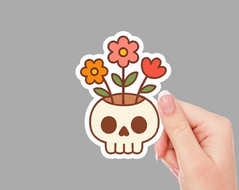 Cute Skull Vase Sticker – Floral Skeleton Aesthetic for Laptop, Journal, or Water Bottle