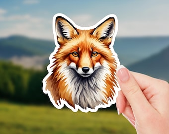 May include: A close-up of a red fox sticker with a white background. The fox has a bushy tail and a pointed snout. The sticker is perfect for adding a touch of nature to your laptop, water bottle, or car.