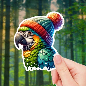 Parrot with Winter Hat Sticker | Cute Tropical Bird Decal for Laptops, Water Bottles, or Scrapbooks