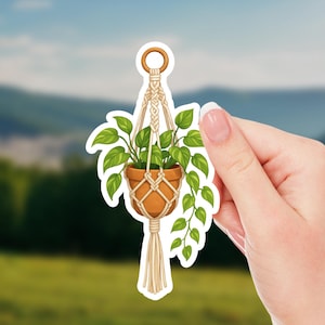 May include: A sticker featuring a potted plant in a macrame hanger. The plant has green leaves and is in a brown pot. The macrame is beige and has a loop at the top for hanging. The background is a blurred image of a green field and mountains.