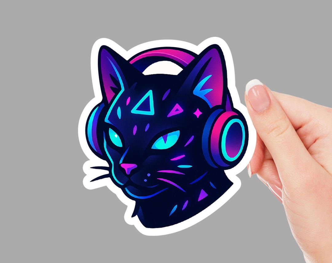 Cyberpunk Cat Sticker Neon Gamer Cat Headphones Futuristic Kitty Decal ...