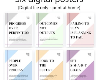 May include: Six digital posters with motivational quotes in a minimalist style. The posters feature a variety of colors and typography, with each quote centered on a different theme. The quotes include: "Progress over perfection", "Outcomes not outputs", "Failing to plan is planning to fail", "People over process", "Look to the future", and "Set S-M-A-R-T goals".
