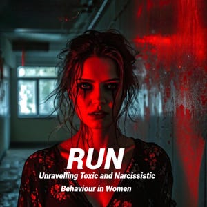 May include: A woman with dark hair and red lighting looks directly at the camera. The text "RUN" is in large white letters. Below the text is the phrase "Unravelling Toxic and Narcissistic Behaviour in Women".