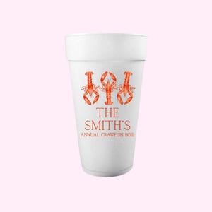 May include: White foam cup with a red crawfish design and the text "THE SMITH'S ANNUAL CRAWFISH BOIL".