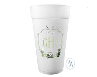Custom Green Golf Themed Crest Styrofoam Cups | Let's Par-Tee, Golf Themed Party | Styrofoam Cups for Birthdays, Baby Showers & More!