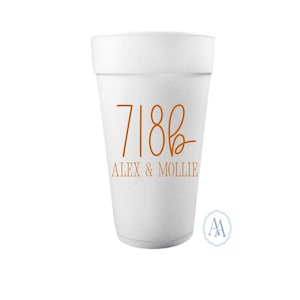 May include: A white foam cup with the numbers "718b" and the names "ALEX & MOLLIE" printed in a copper color. The cup has a simple, classic design, suitable for various events.