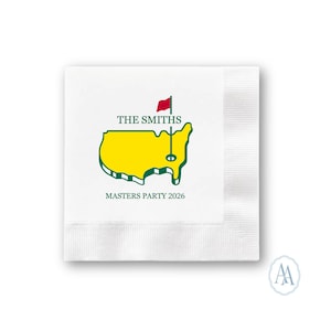 May include: White paper napkin with a green and yellow map graphic, a red flag, and the text "THE SMITHS" and "MASTERS PARTY 2026". The napkin has a textured border and a small logo in the bottom right corner.