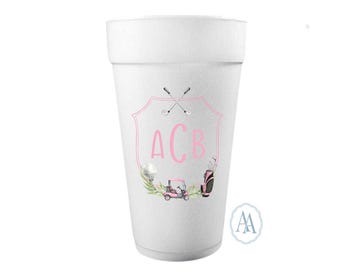 Custom Pink Golf Themed Crest Styrofoam Cups | Let's Par-Tee, Golf Themed Party | Styrofoam Cups for Birthdays, Baby Showers & More!