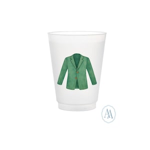 Könnte beinhalten: Ein weißer Plastikbecher mit einer Aquarellillustration eines grünen Blazers mit zwei braunen Knöpfen. Der Blazer ist auf dem Becher zentriert. Ein kleines hellblaues Logo befindet sich in der unteren rechten Ecke.