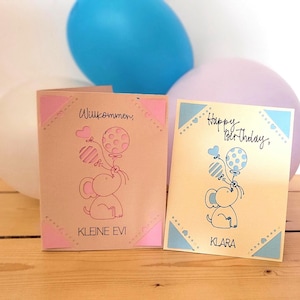 Gepersonaliseerde kaart voor verjaardag / geboorte / baby / welkom / gefeliciteerd / schattige olifant met ballon en naam
