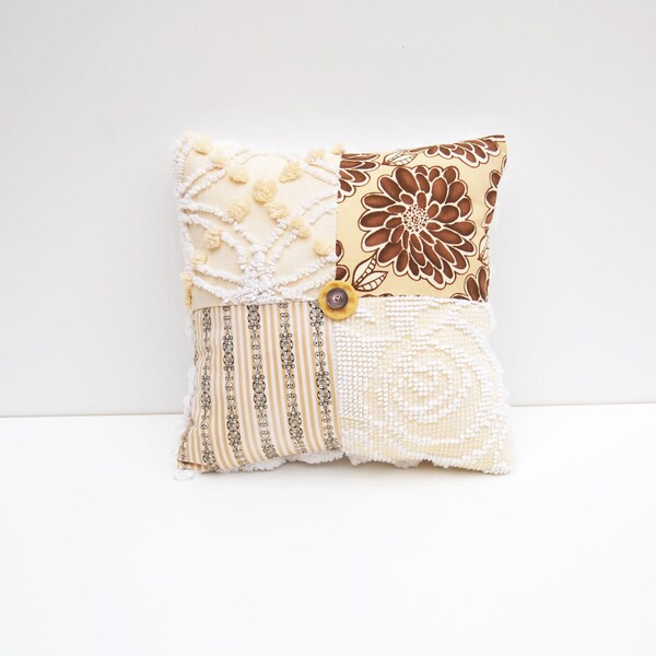 Chenille Pillow - Donna Daphne - Dahlia Yellow Brown Vintage Chenille Handmade Charm Pillow