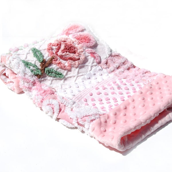 Lovey Baby Chenille Quilt - Pink Vintage Chenille Handmade Patchwork Lap Quilt