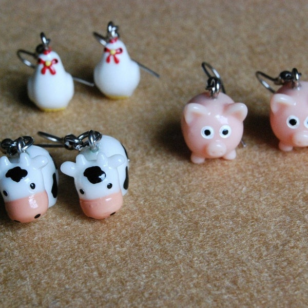 FARM ANIMALS --- pigs, cows, chickens --- 3 pairs of earrings