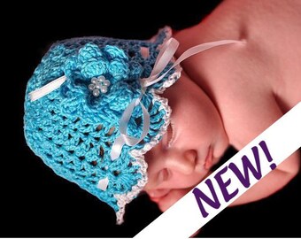 East Crochet Pattern for Victorian Lacy Baby Hat with Flower  -  Size Newborn and Preemie. ((This is a pattern NOT a hat))