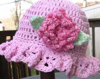 Easy Crochet Pattern for Ruffled Brim Hat with Flower Pin - Sizes Newborn to Adult. ((This is a pattern NOT a hat))