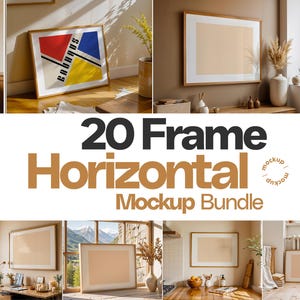 Könnte beinhalten: Ein Mockup-Bundle mit 20 horizontalen Rahmen in verschiedenen Innenräumen. Die Rahmen werden in verschiedenen Räumen präsentiert und zeigen eine Vielzahl von Stilen und Designs. Der Text "20 Frame Horizontal Mockup Bundle" ist deutlich sichtbar.