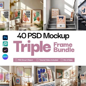May include: Several framed art prints are displayed in different rooms. The prints showcase abstract art and text, including "YOUR DESIGN HERE." The image also includes the text "40 PSD Mockup Triple Frame Bundle."