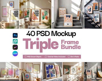 Triple Frame Mockup PSD Bundle: Vertical Poster Display, 40 PSD File (Digital Download)