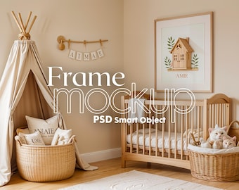 May include: A white wooden crib with a white mattress and a white wicker basket filled with stuffed animals. A white cat is sitting in the basket. The crib is in a nursery with a beige wall and a white teepee tent. A framed picture of a wooden house with green leaves is hanging on the wall. The picture has the word "Amie" written on it.