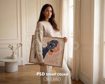 Mockup ramki DIN A w formacie PSD: grafika ścienna z postacią, inteligentny obiekt PSD (pobranie cyfrowe)