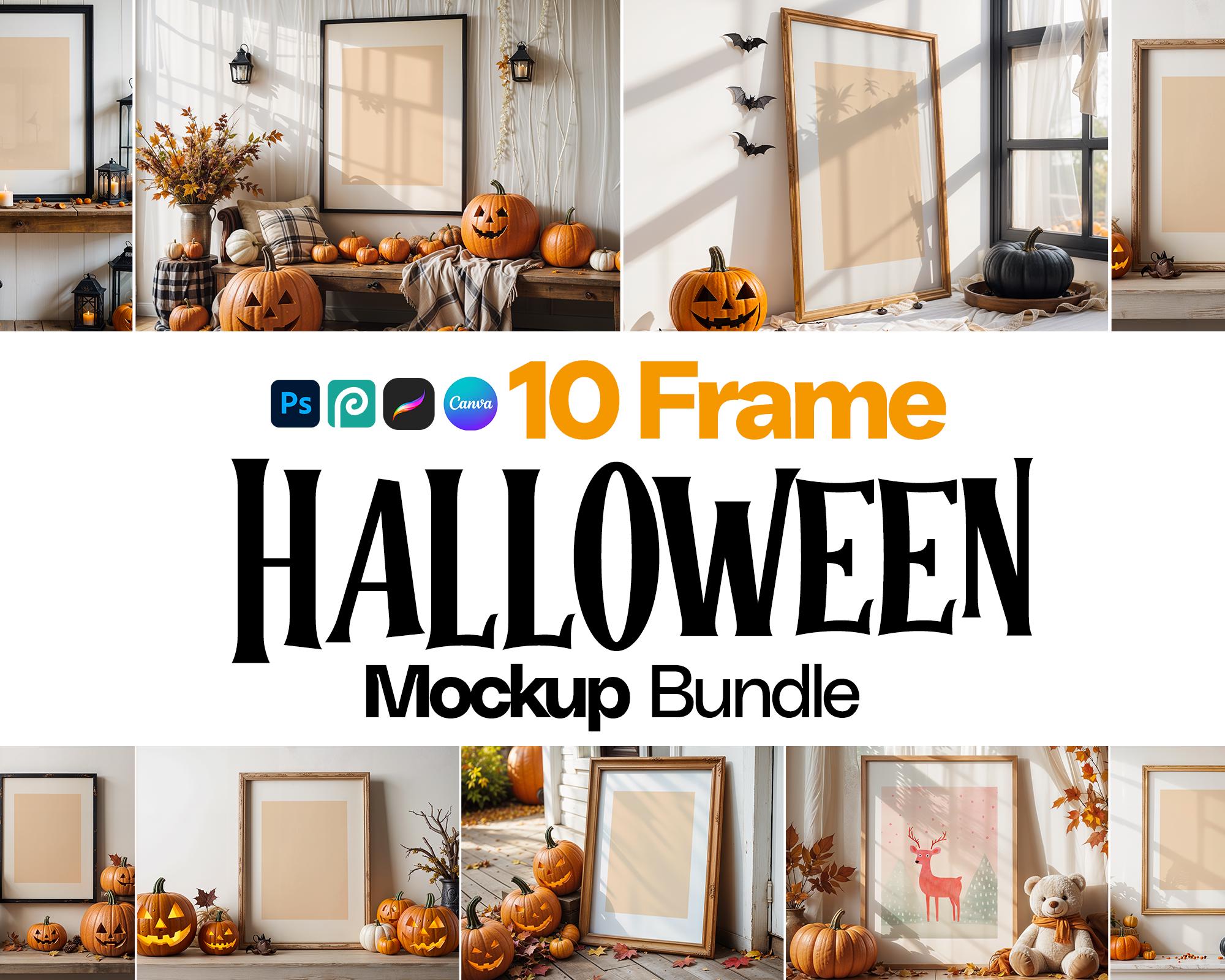 Halloween Frame Mockup PSD: Rustic Pumpkin Artwork Display (Digital Download