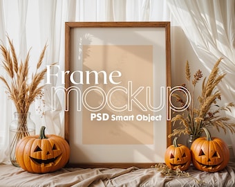 Halloween Frame Mockup PSD: Rustic Pumpkins Vertical Artwork (Digital Download)