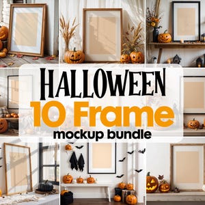 10 Halloween Rahmen Mockup PSD, Halloween Wandkunst, Rustikaler Herbst & Kürbisse Vertikales Kunstwerk, Gruseliges Kunst Mockup,