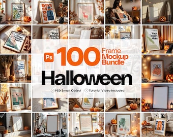 May include: A collection of framed art mockups with a Halloween theme. The image features various framed prints with different designs, pumpkins, and autumn decor. Text on the image reads "100 Frame Mockup Bundle" and "Halloween".